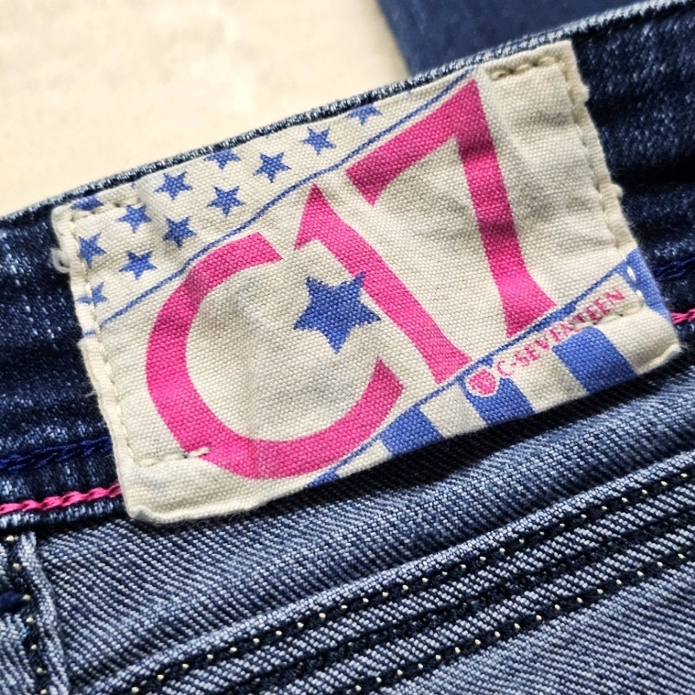 C‑SEVENTEEN ✦ Embroidered Straight‑Leg Jeans ✦ Blue Wash Low‑Rise Stretch Denim - Picture 11 of 14
